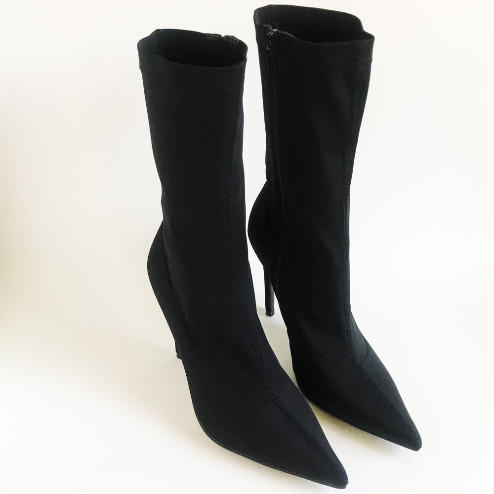 Public Desire | Black Lycra Pointed Toe Boot Heels | Size 7